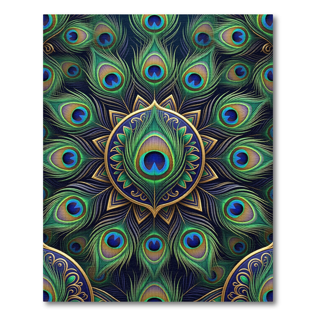 Elegant Peacock Feather Gold Mandala Rug