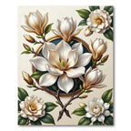Elegant Ivory Magnolia Botanical Round Artwork Rug