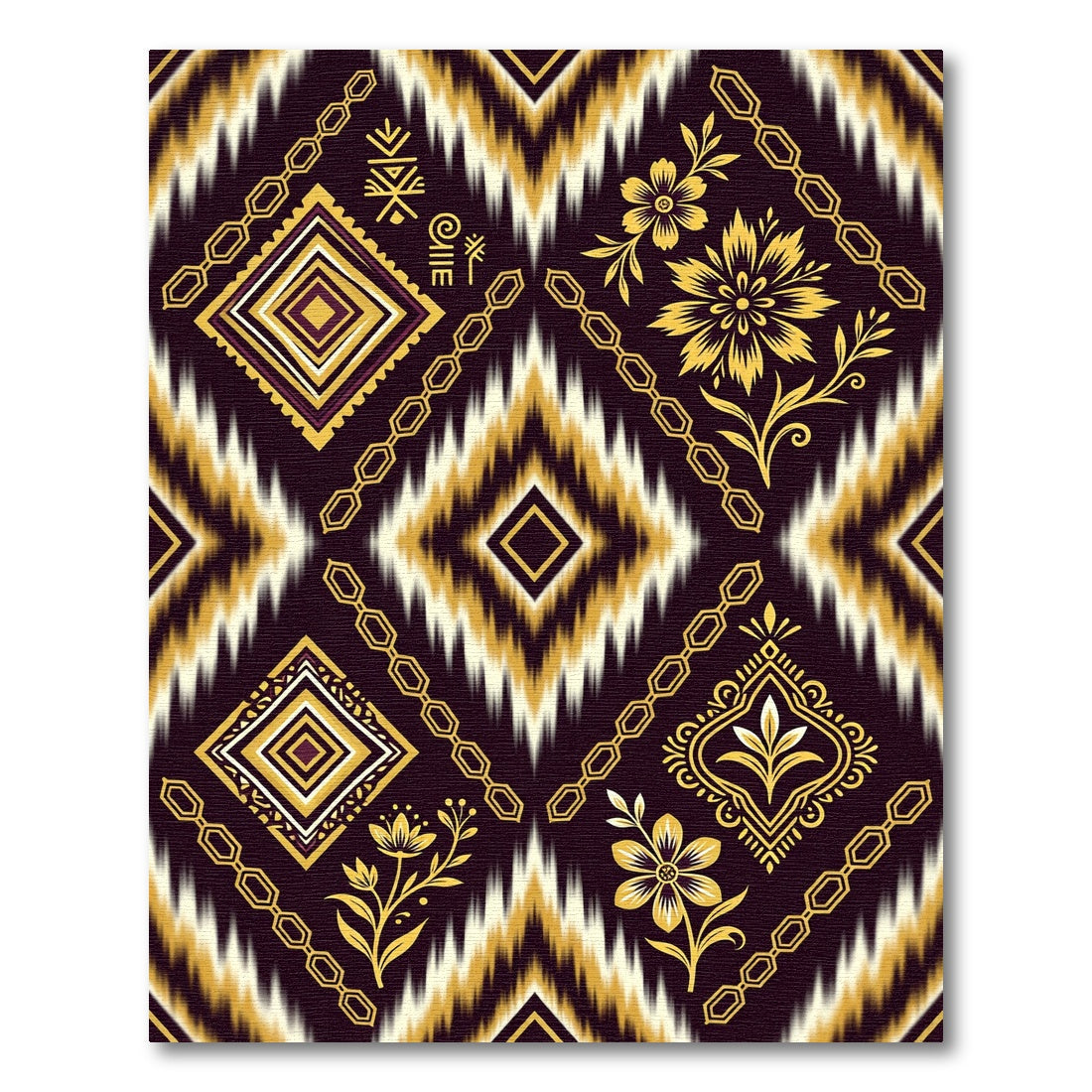Dark Gold Floral Diamond Medallion Rug