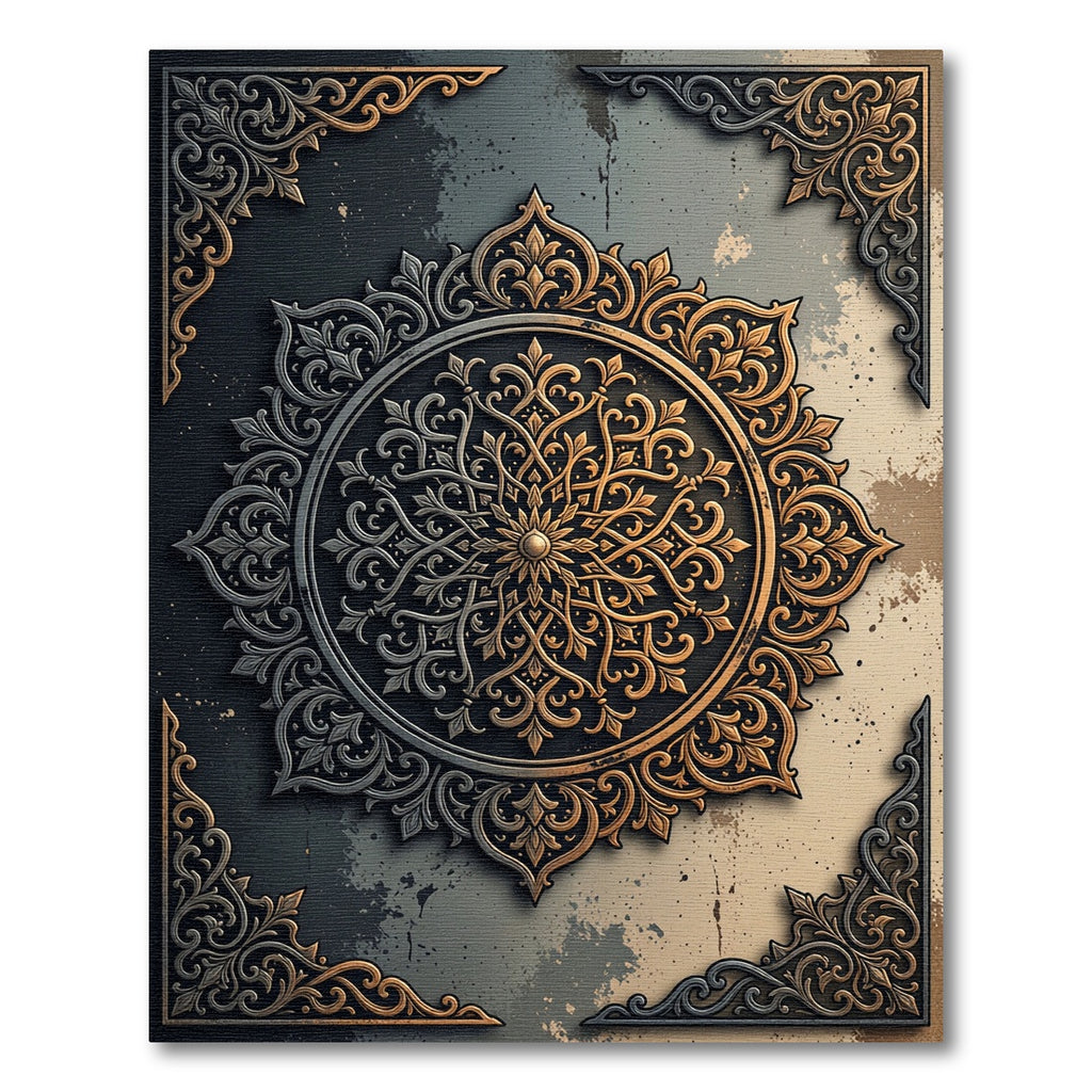 Ornate Gold and Silver Circular Medallion Rug