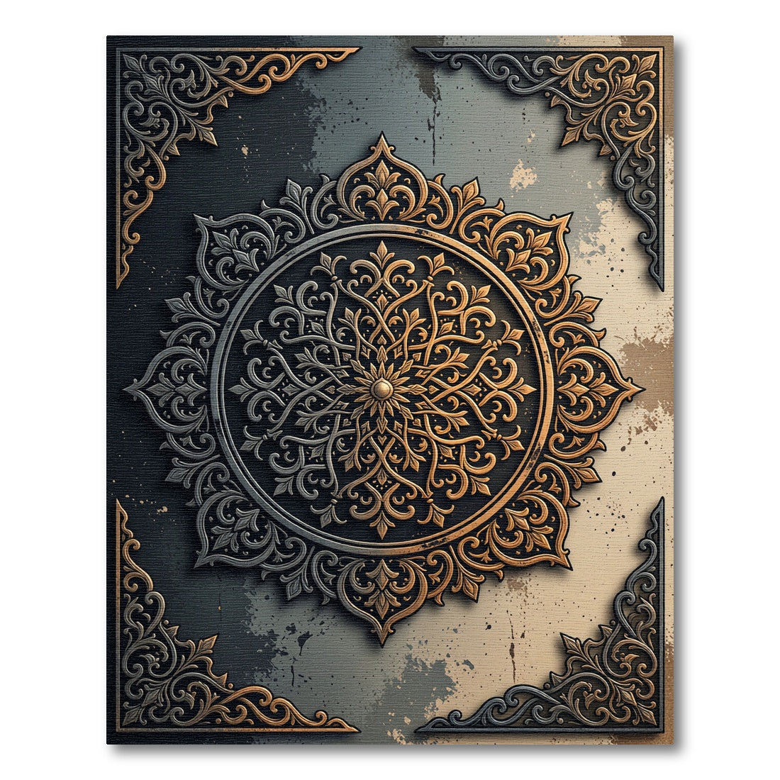 Ornate Gold and Silver Circular Medallion Rug