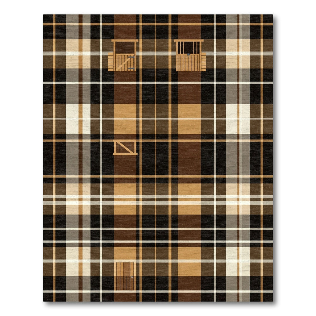 Brown Tan White Plaid Barn Scene Rug