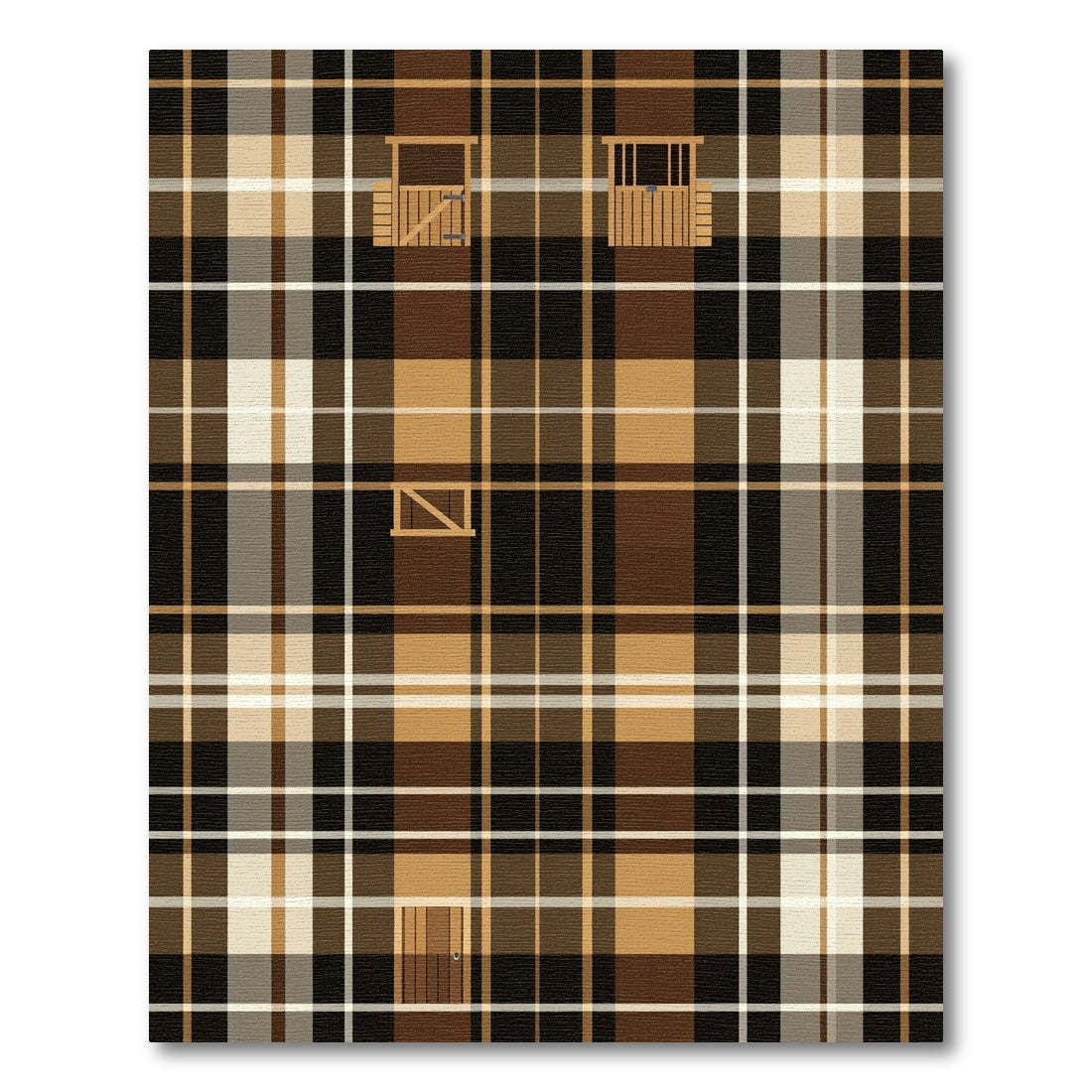 Brown Tan White Plaid Barn Scene Rug