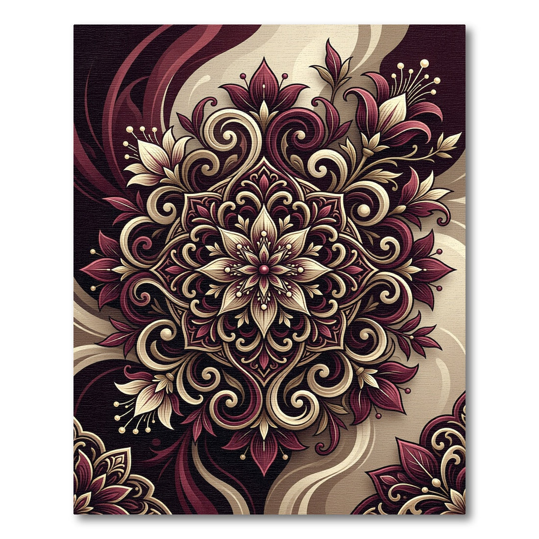 Rich Burgundy Floral Swirl Mandala Rug