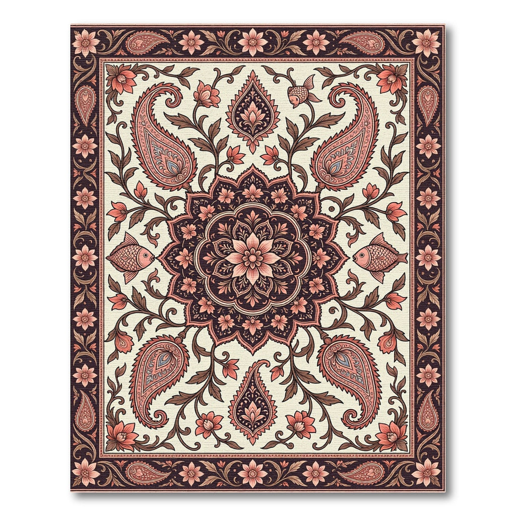 Elegant Floral Paisley Medallion Ivory Salmon Rug