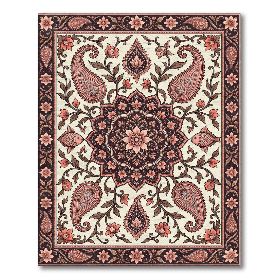Elegant Floral Paisley Medallion Ivory Salmon Rug