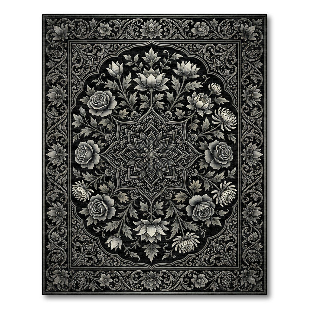 Monochrome Floral Medallion Charcoal Gray Rug