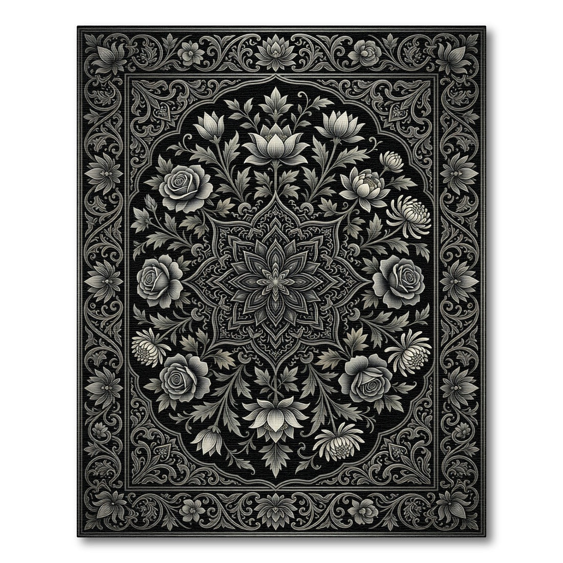 Monochrome Floral Medallion Charcoal Gray Rug