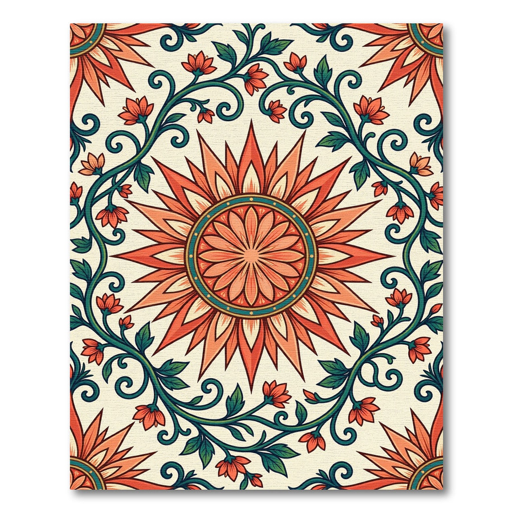 Coral Sunburst Floral Vine Rug