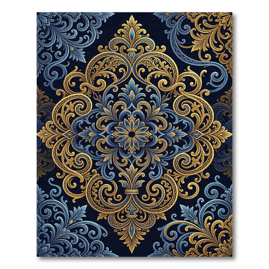 Royal Blue Golden Ornate Damask Swirl Rug