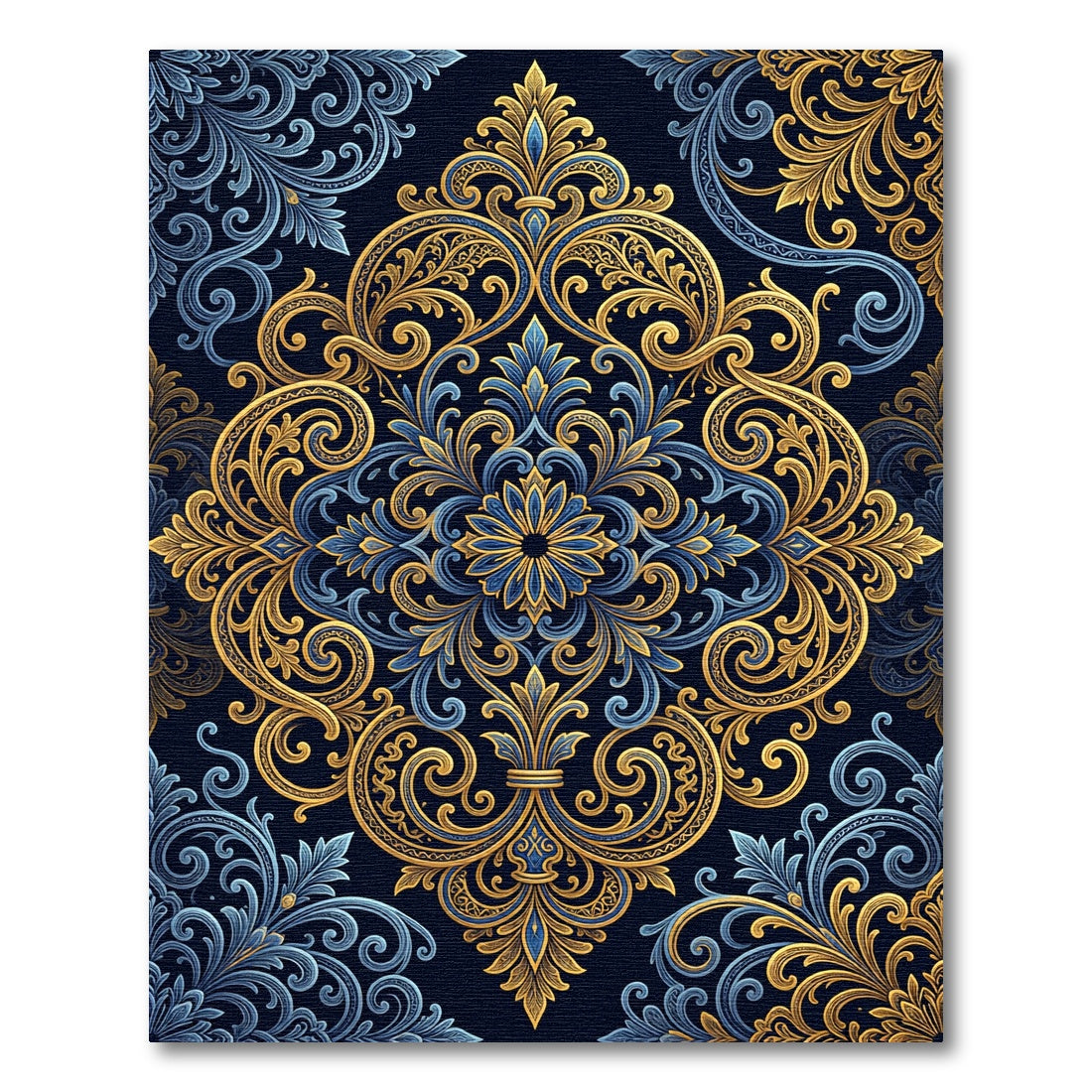 Royal Blue Golden Ornate Damask Swirl Rug