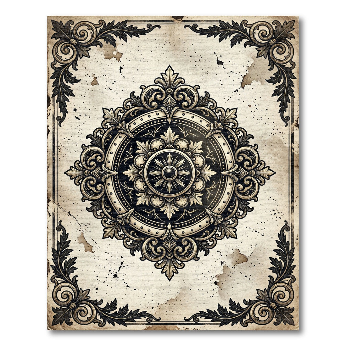 Ornate Black Cream Vintage Medallion Rug