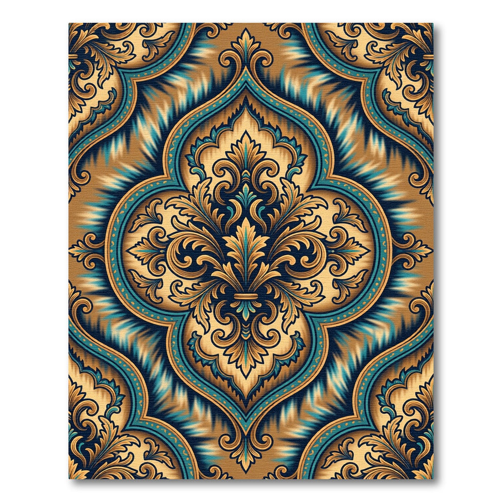Ornate Teal Gold Damask Flourish Rug
