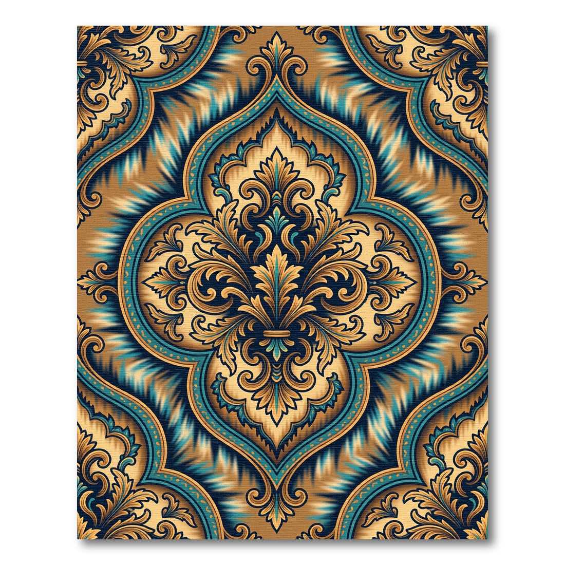 Ornate Teal Gold Damask Flourish Rug