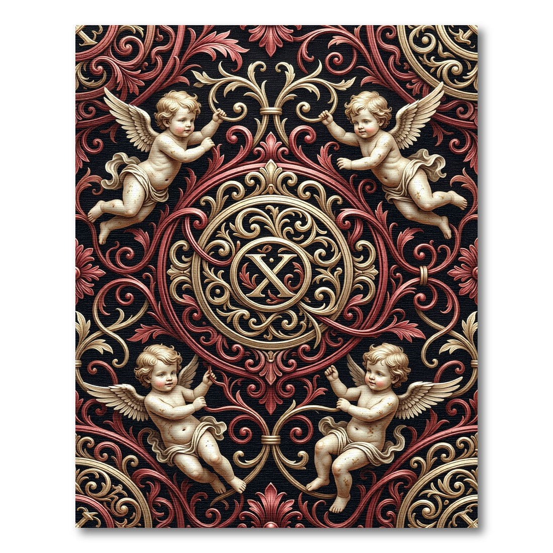 Baroque Cherub Medallion in Gold and Crimson Rug
