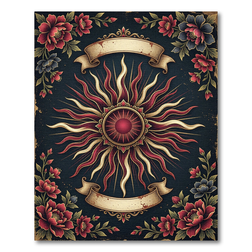 Celestial Crimson Sun Golden Floral Medallion Rug