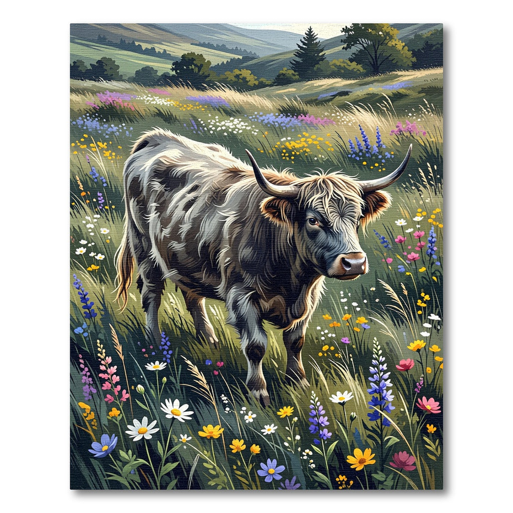 Highland Cow Scenic Meadow Floral Art Rug