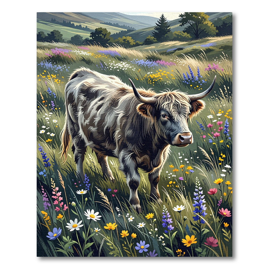 Highland Cow Scenic Meadow Floral Art Rug