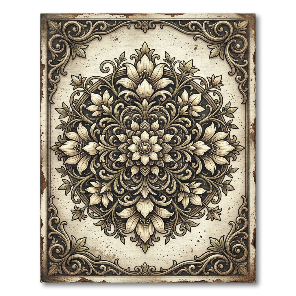 Vintage Cream Floral Damask Medallion Rug