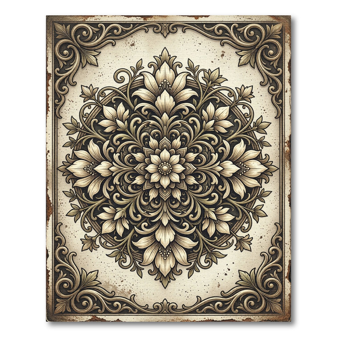 Vintage Cream Floral Damask Medallion Rug