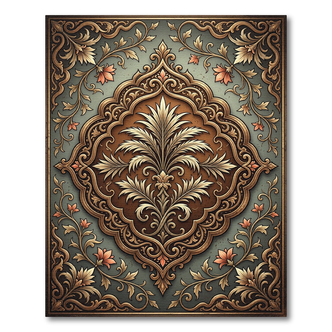 Ornate Golden Foliage Bronzed Slate Medallion Rug