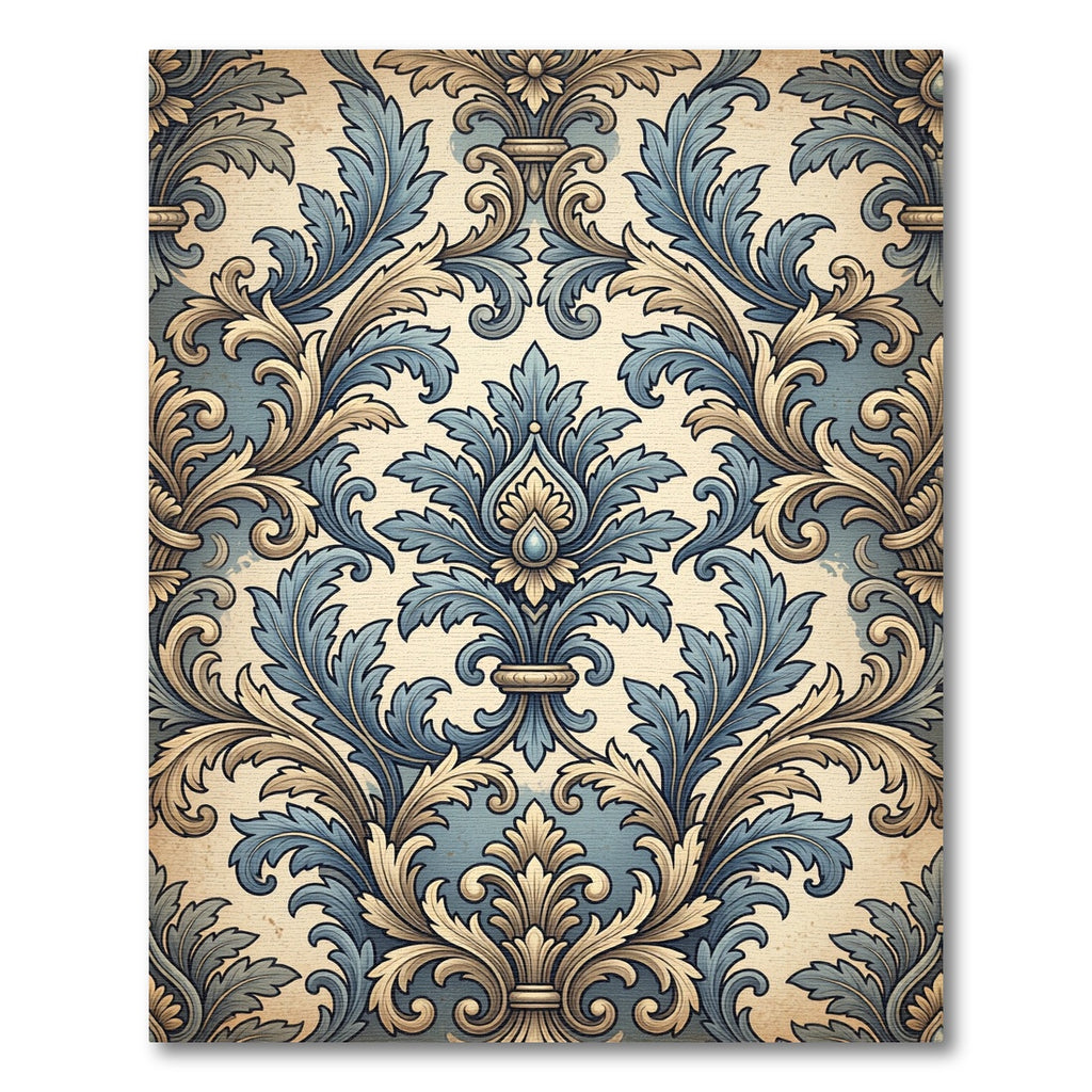 Blue and Beige Ornate Damask Scroll Rug