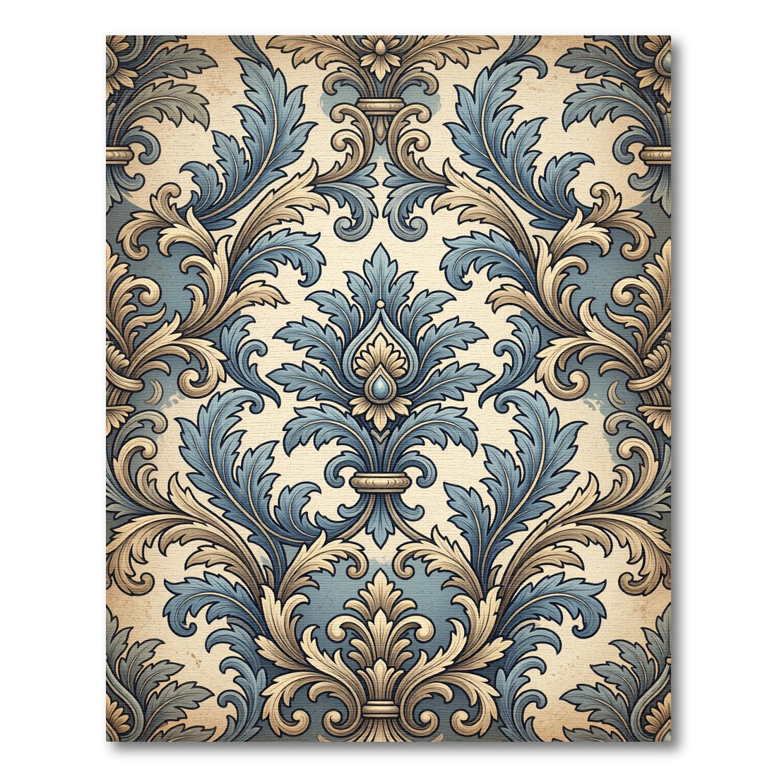 Blue and Beige Ornate Damask Scroll Rug