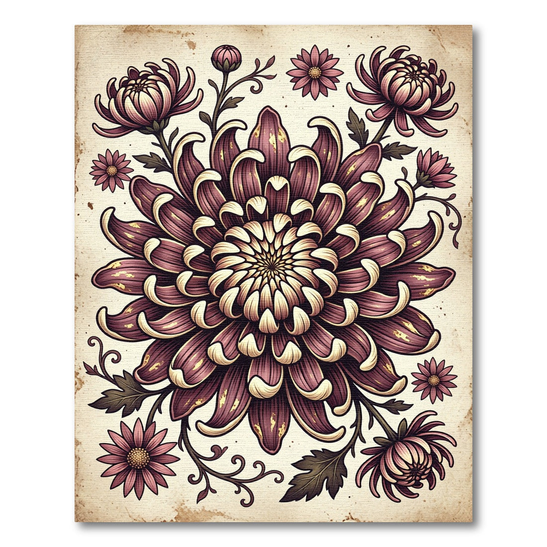 Moody Mauve Chrysanthemum Floral Illustration Rug