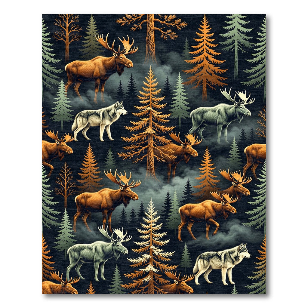 Moody Forest Moose and Wolf Wilderness Rug
