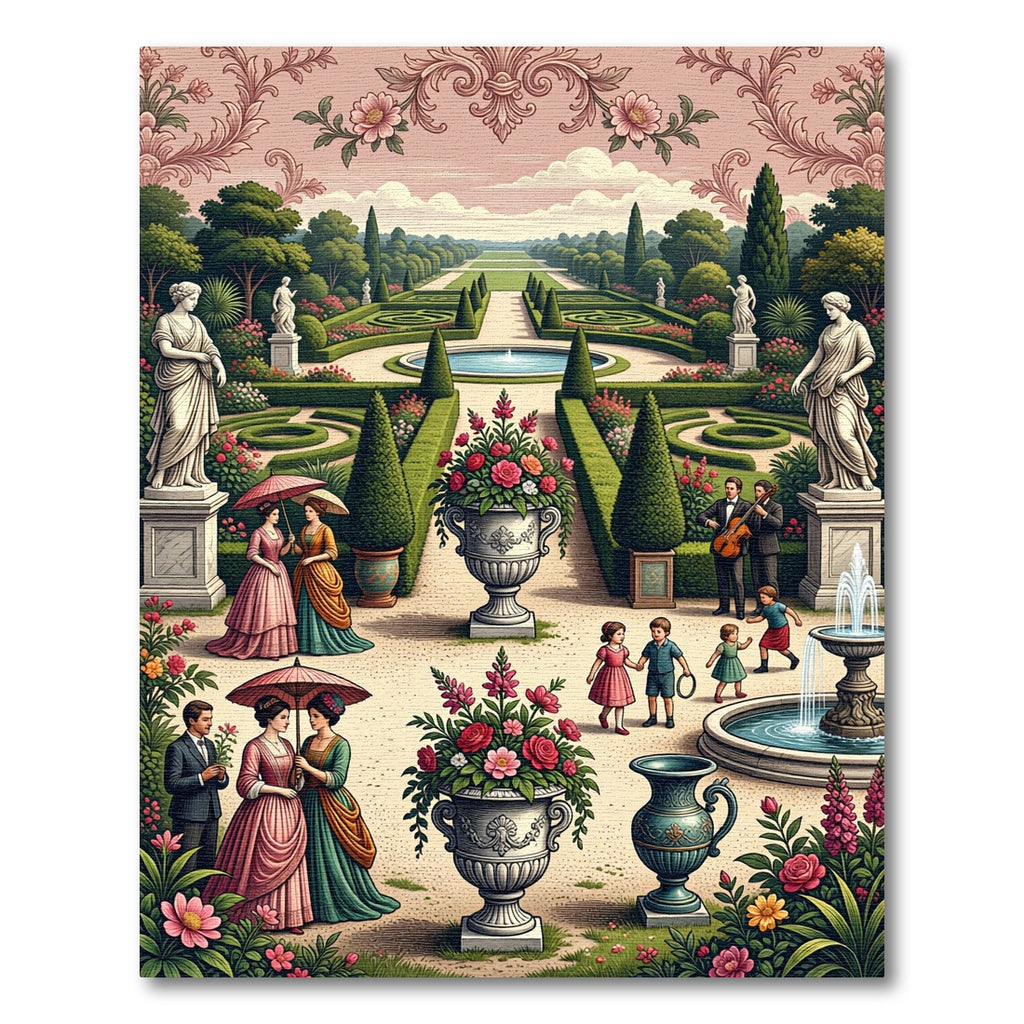 Regal Garden Scene With Statues and Flowers Rug