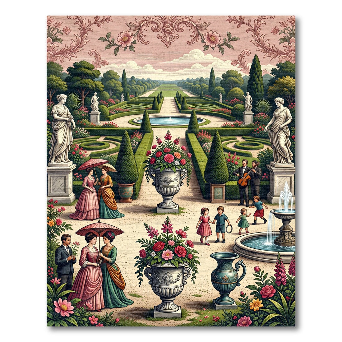 Regal Garden Scene With Statues and Flowers Rug
