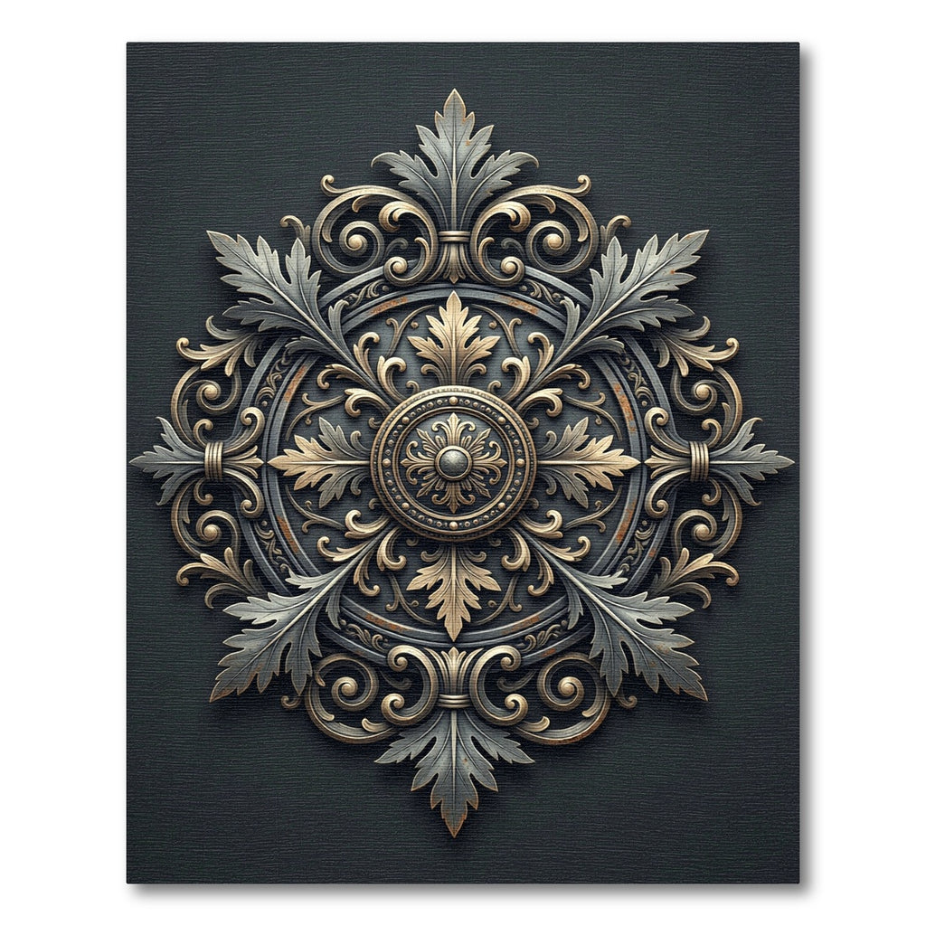 Ornate Antique Gold Silver Acanthus Medallion Rug