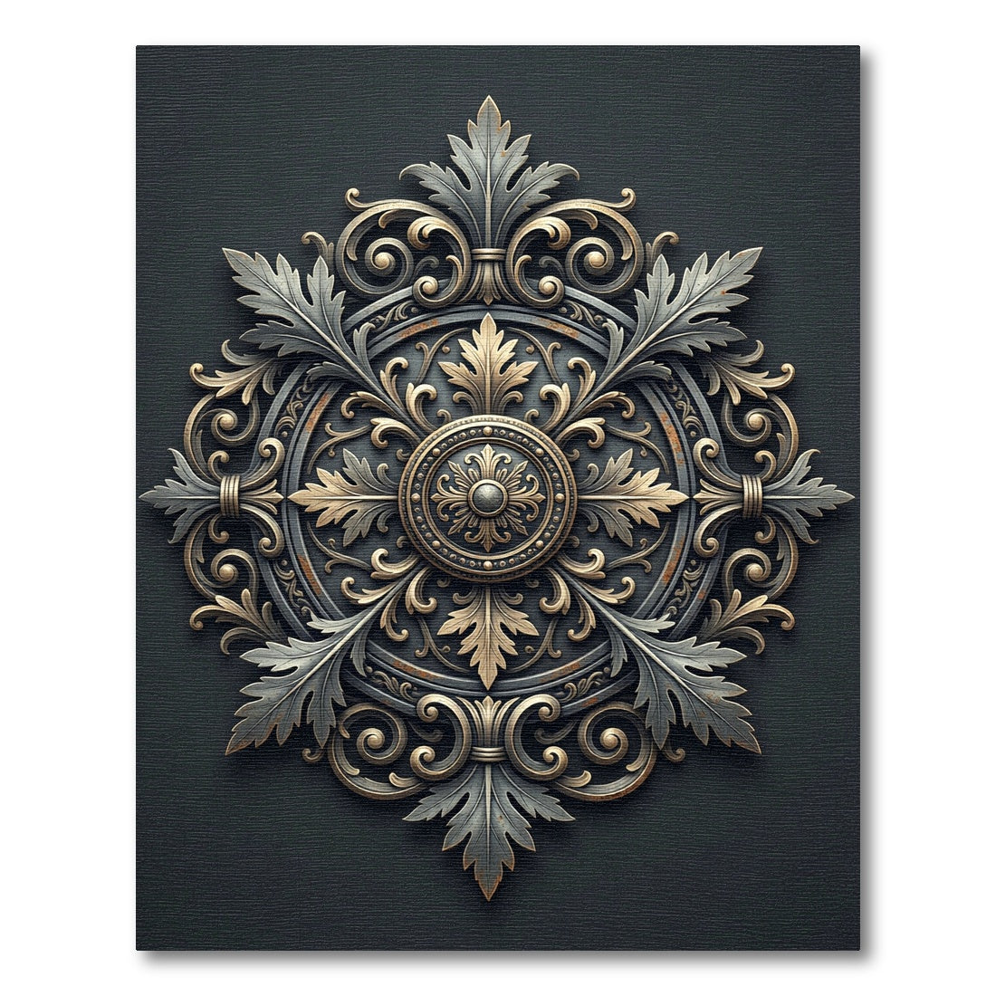 Ornate Antique Gold Silver Acanthus Medallion Rug