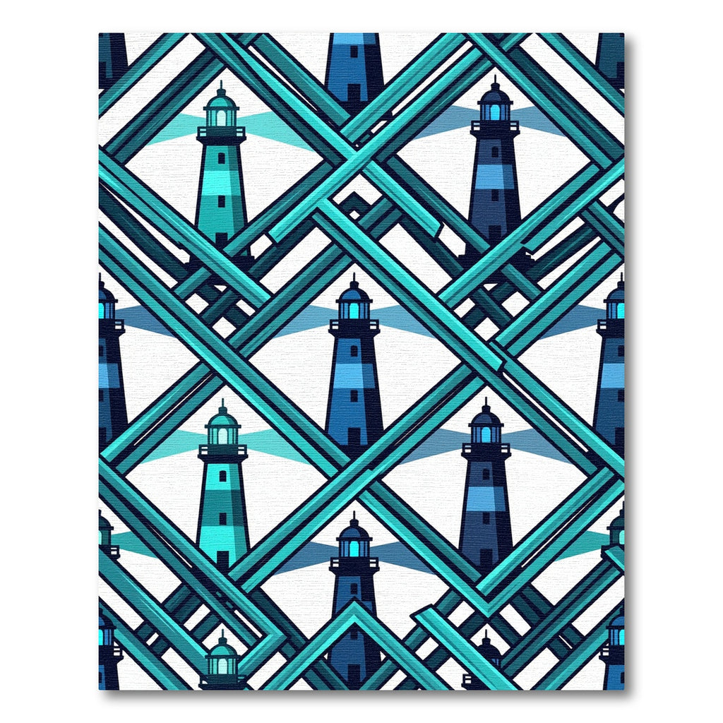 Geometric Teal Lighthouse Lattice Grid Rug