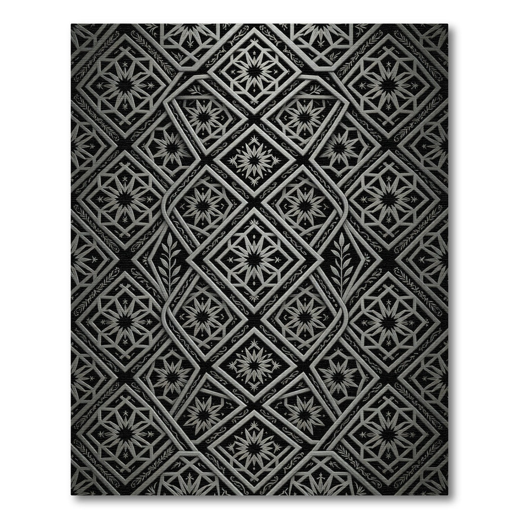 Monochrome Silver Geometric Star Trellis Rug