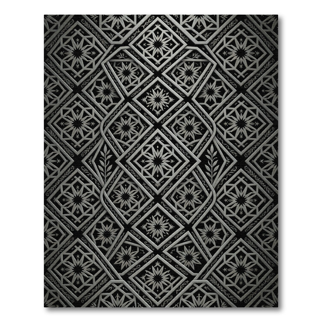 Monochrome Silver Geometric Star Trellis Rug