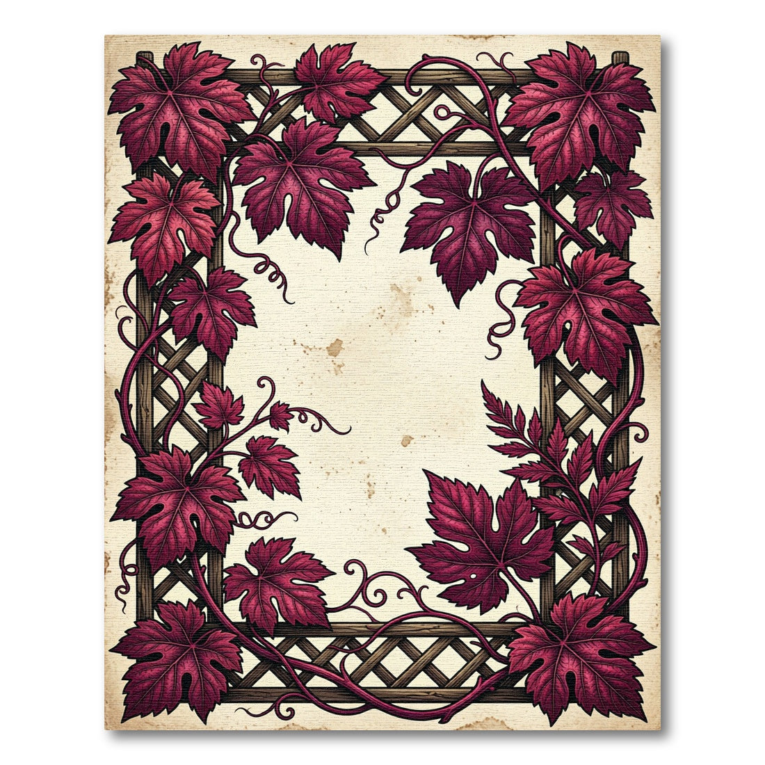 Deep Crimson Grapevine Lattice Border Rug