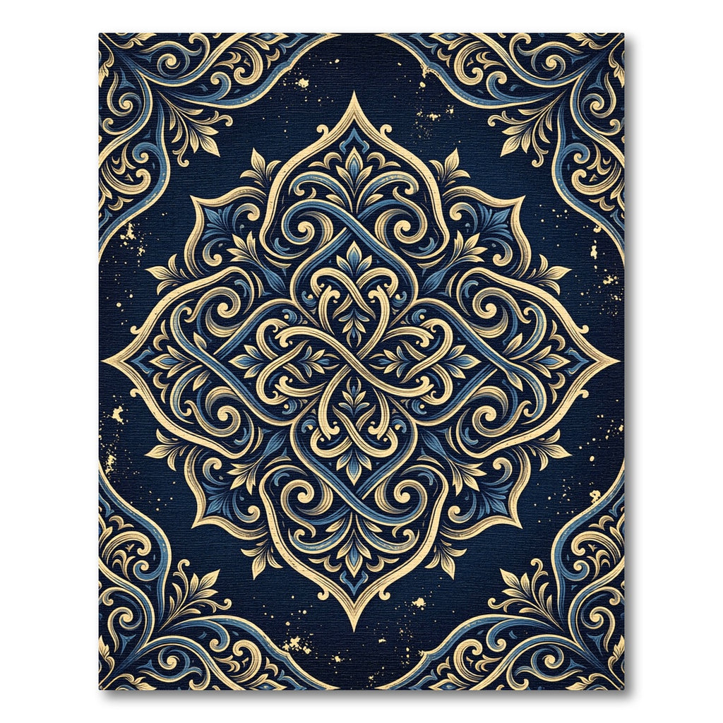 Elegant Navy Gold Baroque Floral Medallion Rug