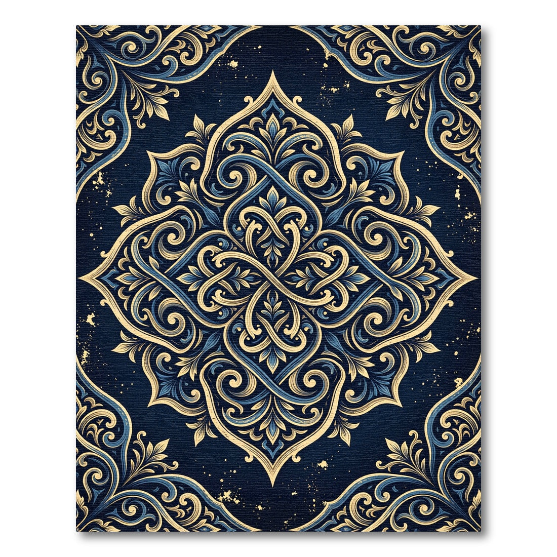 Elegant Navy Gold Baroque Floral Medallion Rug