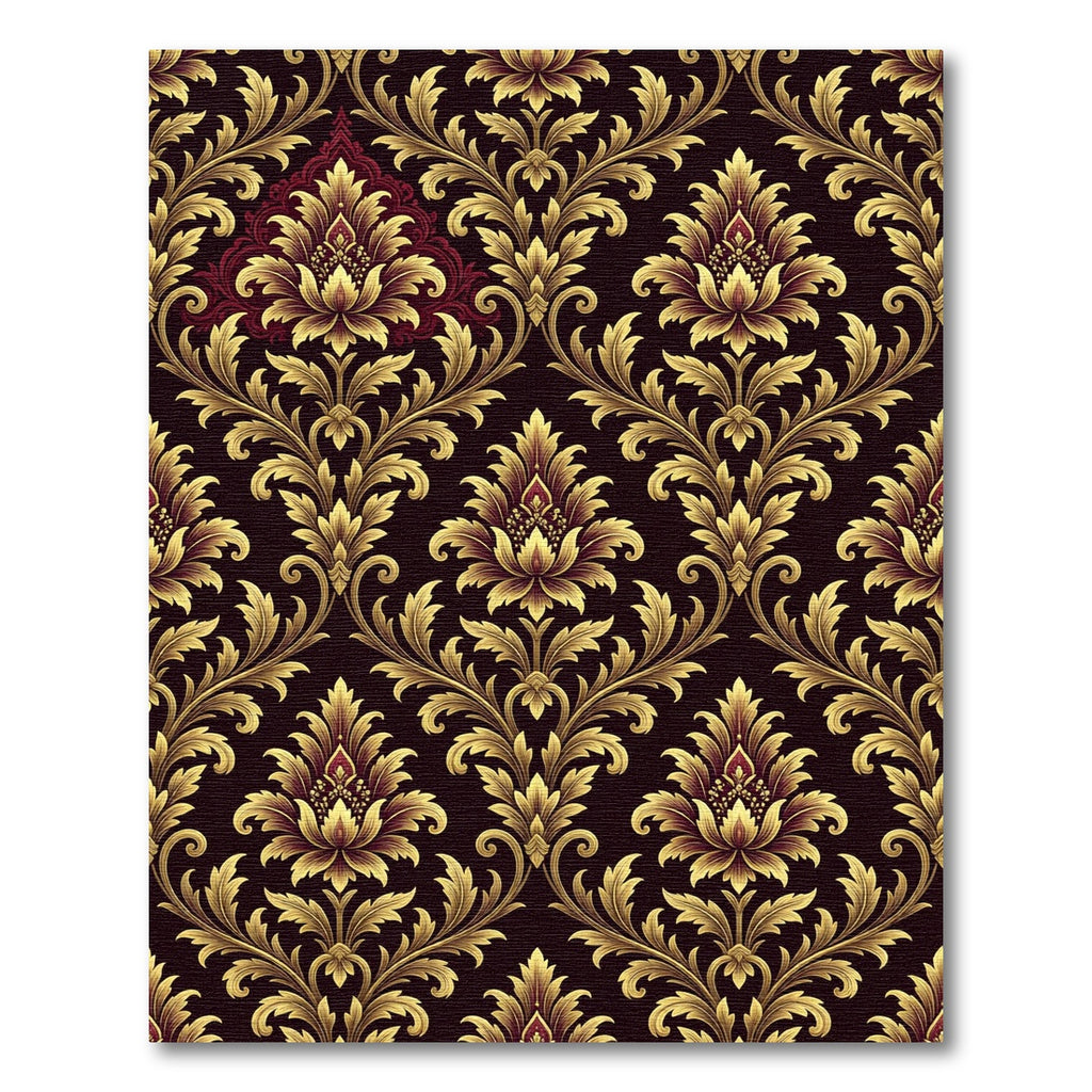 Regal Gold Crimson Damask Scrolling Rug