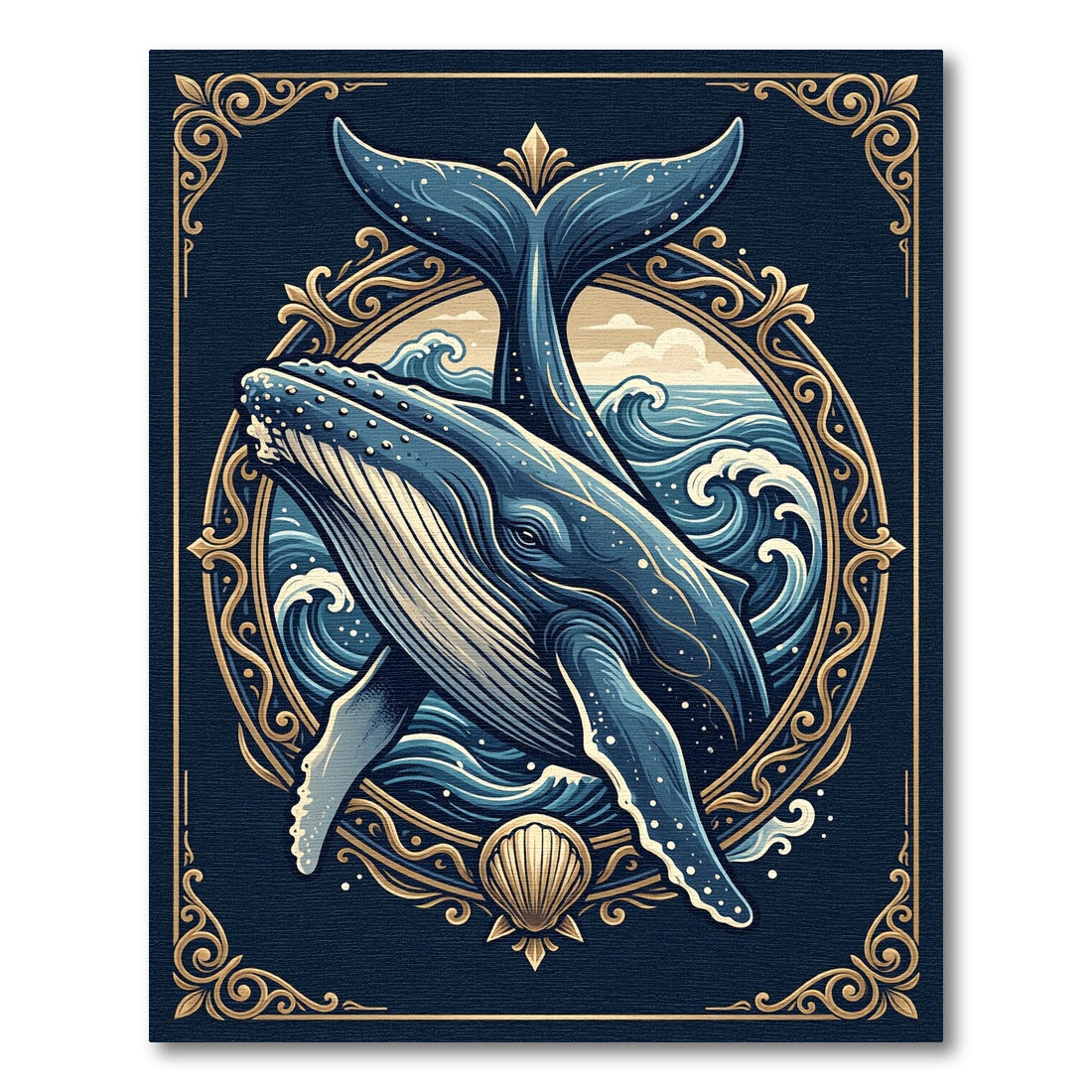Ornate Humpback Whale Ocean Wave Illustration Rug