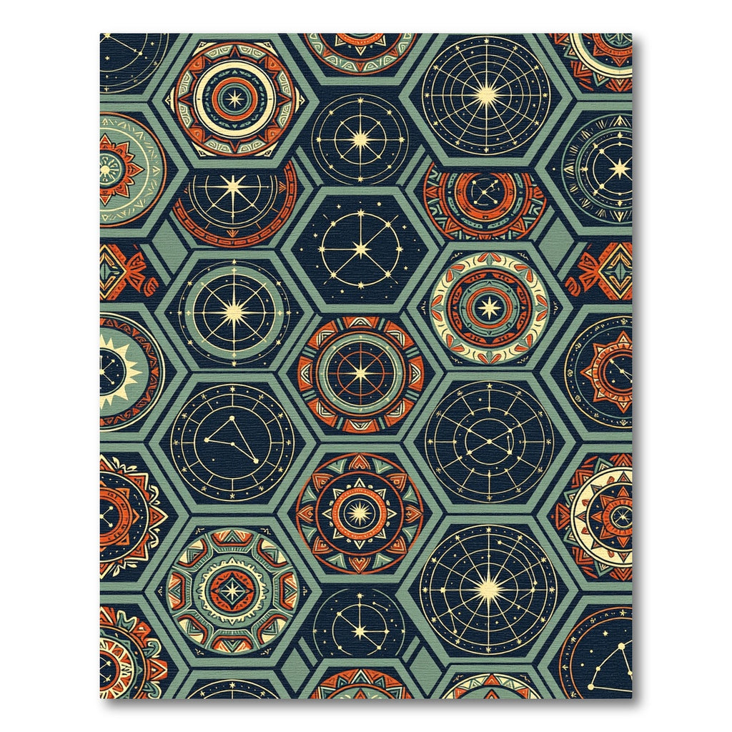 Celestial Geometric Hexagon Teal Copper Rug