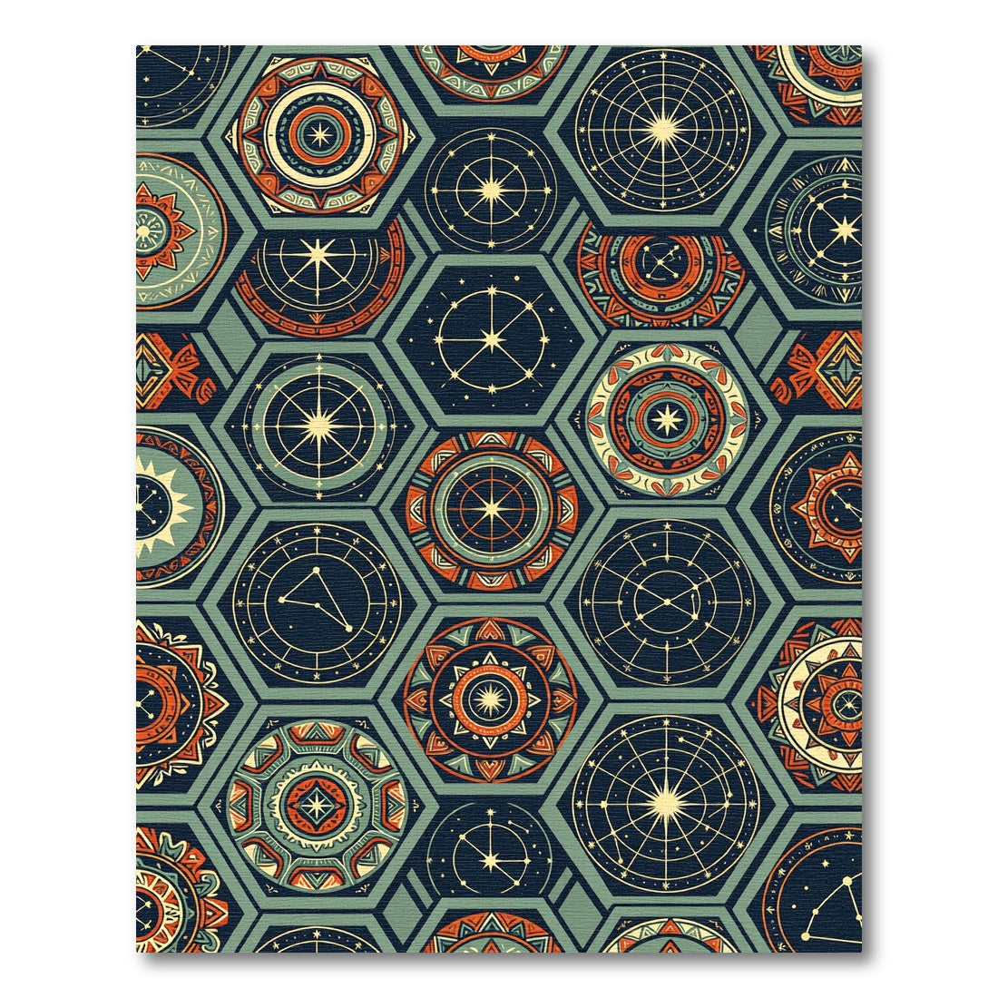 Celestial Geometric Hexagon Teal Copper Rug