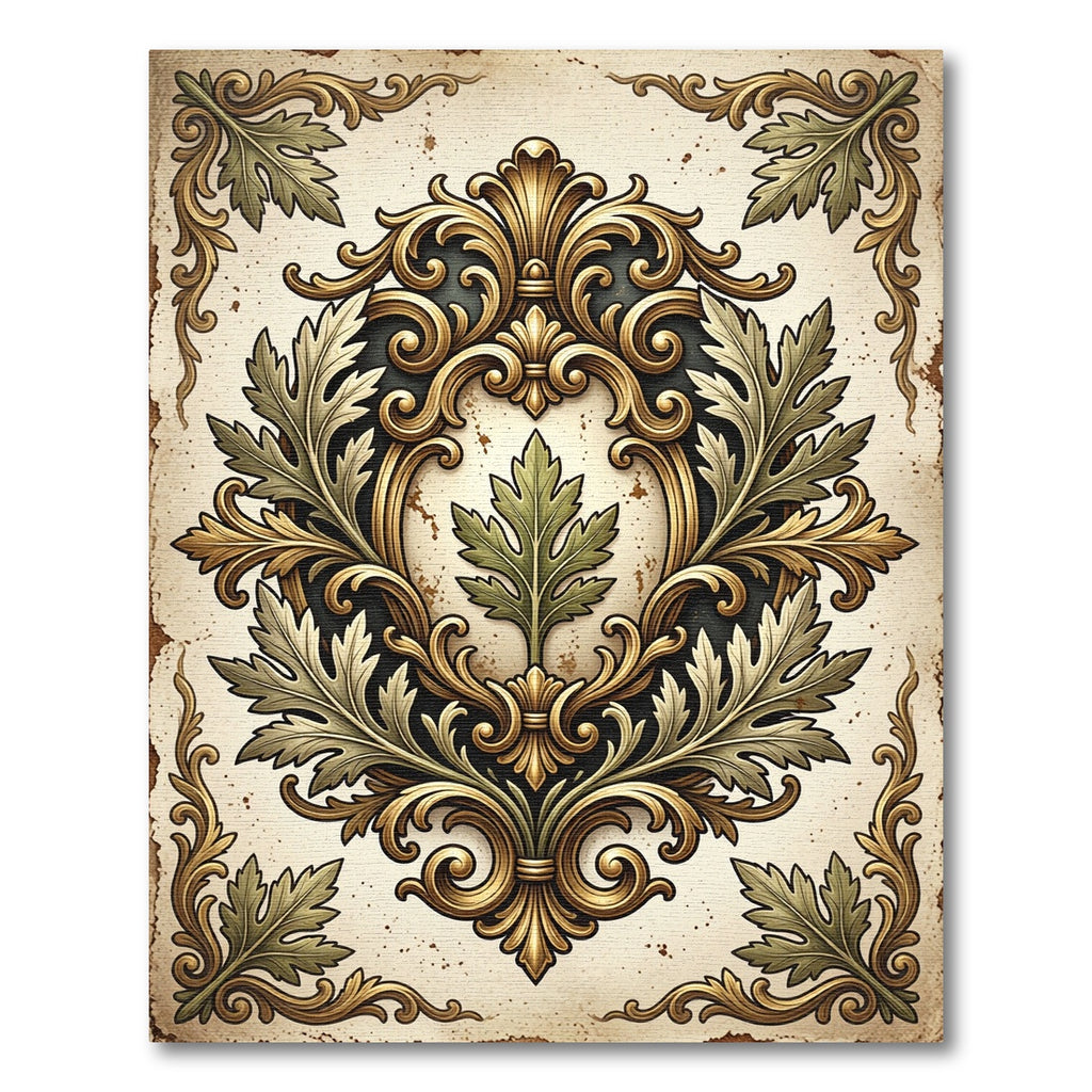 Ornate Golden Foliage Damask Scroll Rug