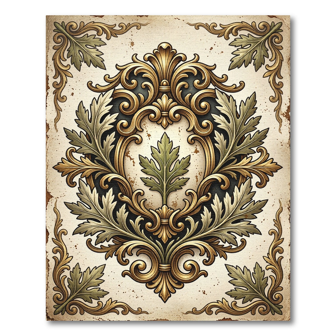 Ornate Golden Foliage Damask Scroll Rug