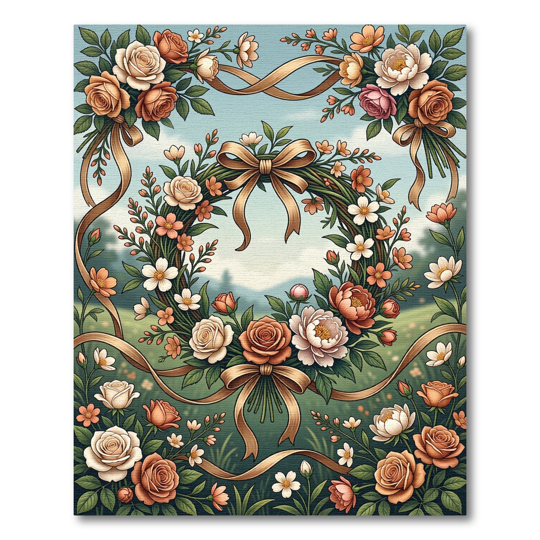 Elegant Floral Wreath with Ribbon Rug