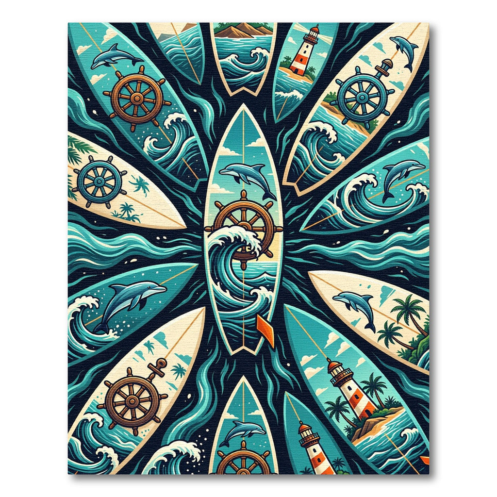 Coastal Nautical Dolphin Lighthouse Wheel Art Rug