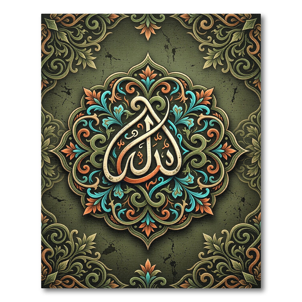 Green Ornate Medallion Arabic Calligraphy Rug