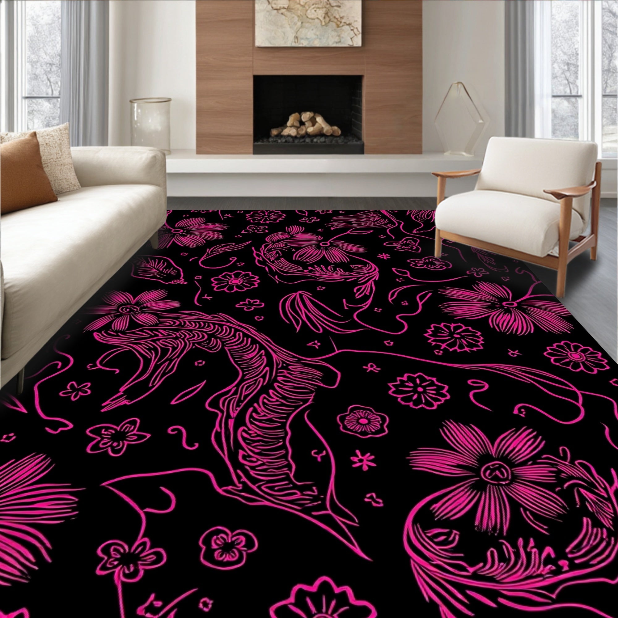 Pink Floral Serpent Outline Rug