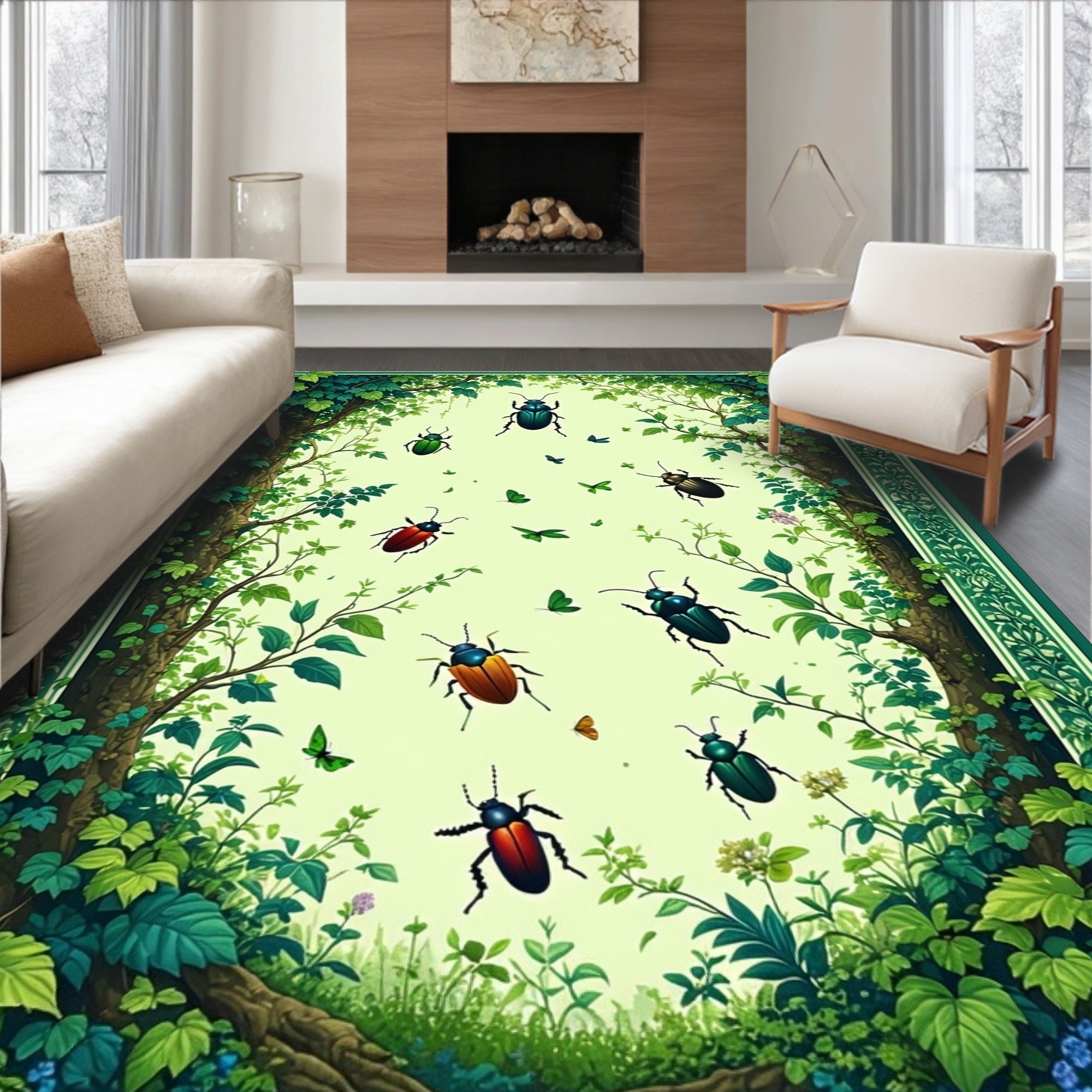 Verdant Bug Branch Nature Scene Rug